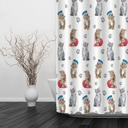 Штора для ванной тканевая белая, котята ВТ-823826 , "Дорофей", 180*180