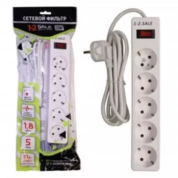 1-2.SALE сетевой фильтр ПВС 3х0.75 5роз. 1.8м 10А 2200W БЕЛЫЙ земля, выкл. E1М 901415