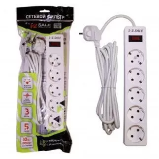 1-2.SALE сетевой фильтр ПВС 3х0.75 5роз. 3м 10А БЕЛЫЙ, земля, выкл. E1М 901417